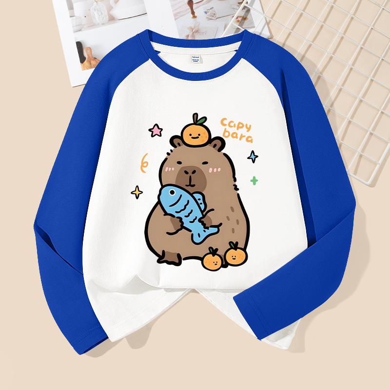 Áo thun bé trai dài tay in capybara, vải cotton mềm mại thoải mái, phù hợp đi học