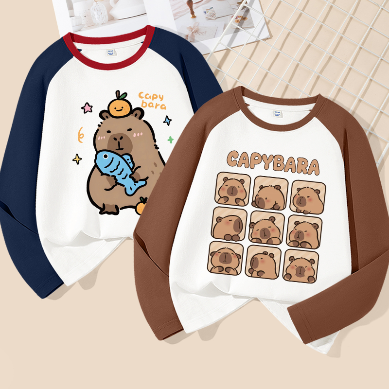 Áo thun bé trai dài tay in capybara, vải cotton mềm mại thoải mái, phù hợp đi học