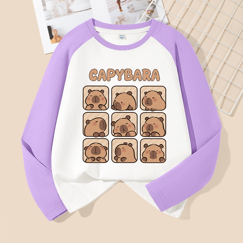 Áo thun bé trai dài tay in capybara, vải cotton mềm mại thoải mái, phù hợp đi học