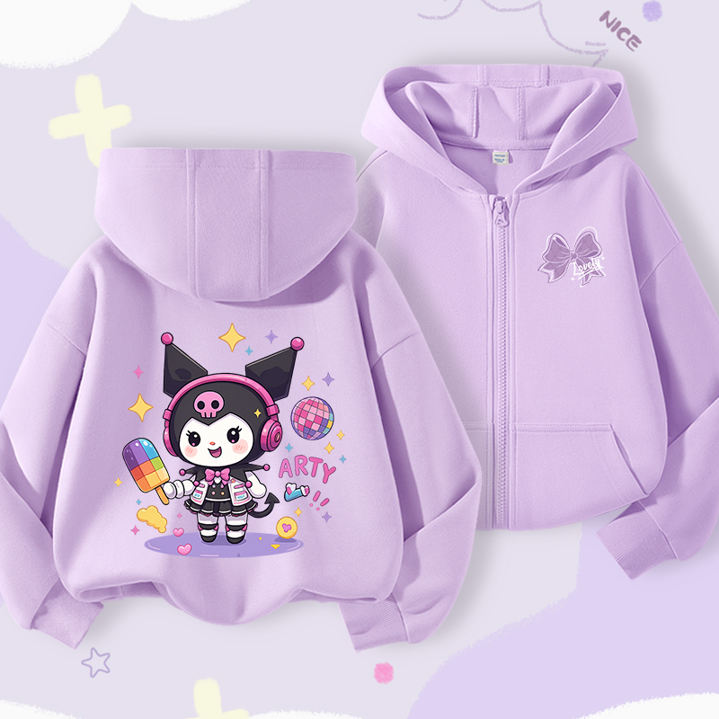Áo Hoodie bé gái, áo khoác Cardigan có dây kéo in Kuromi, thoải mái thông thường Thích hợp cho trang phục thể thao ngoài trời