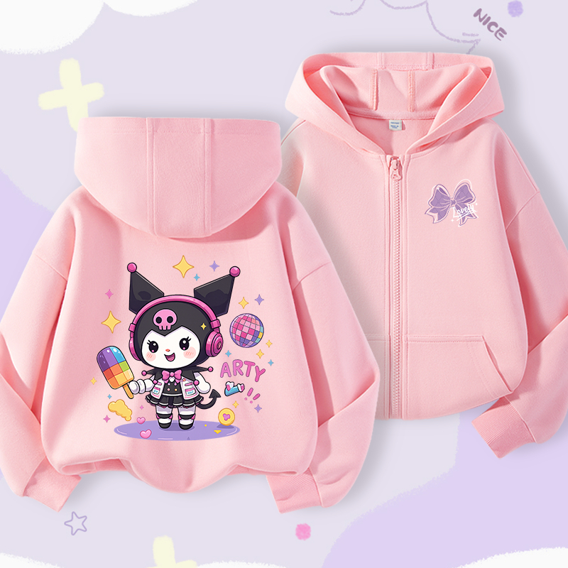 Áo Hoodie bé gái, áo khoác Cardigan có dây kéo in Kuromi, thoải mái thông thường Thích hợp cho trang phục thể thao ngoài trời
