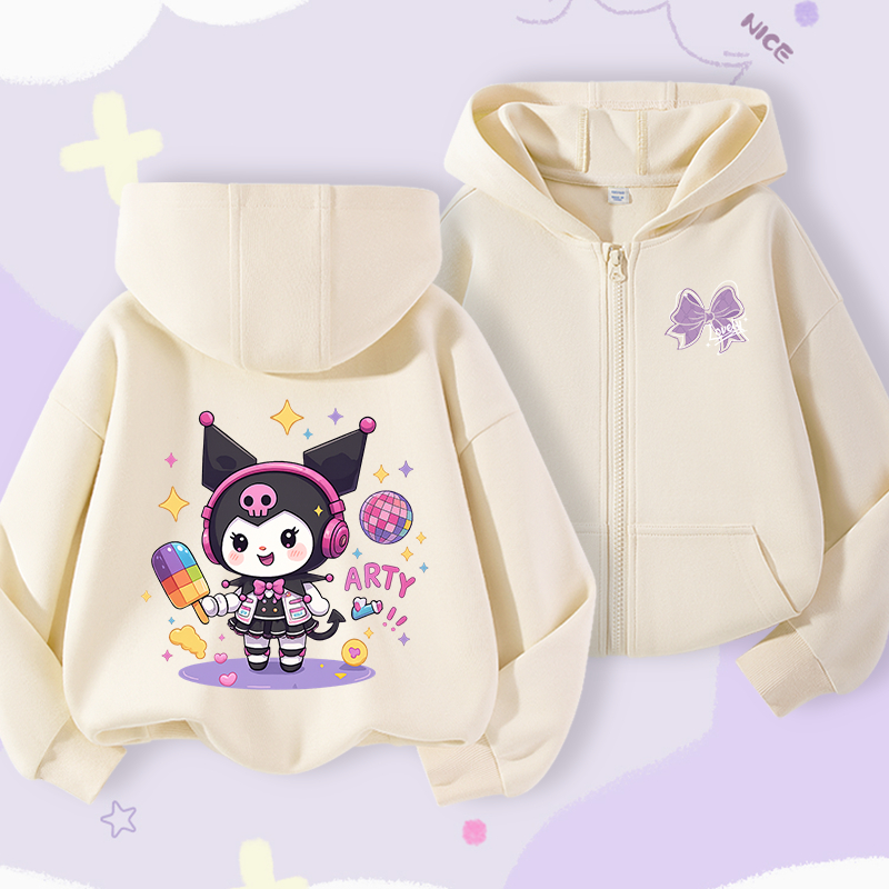 Áo Hoodie bé gái, áo khoác Cardigan có dây kéo in Kuromi, thoải mái thông thường Thích hợp cho trang phục thể thao ngoài trời