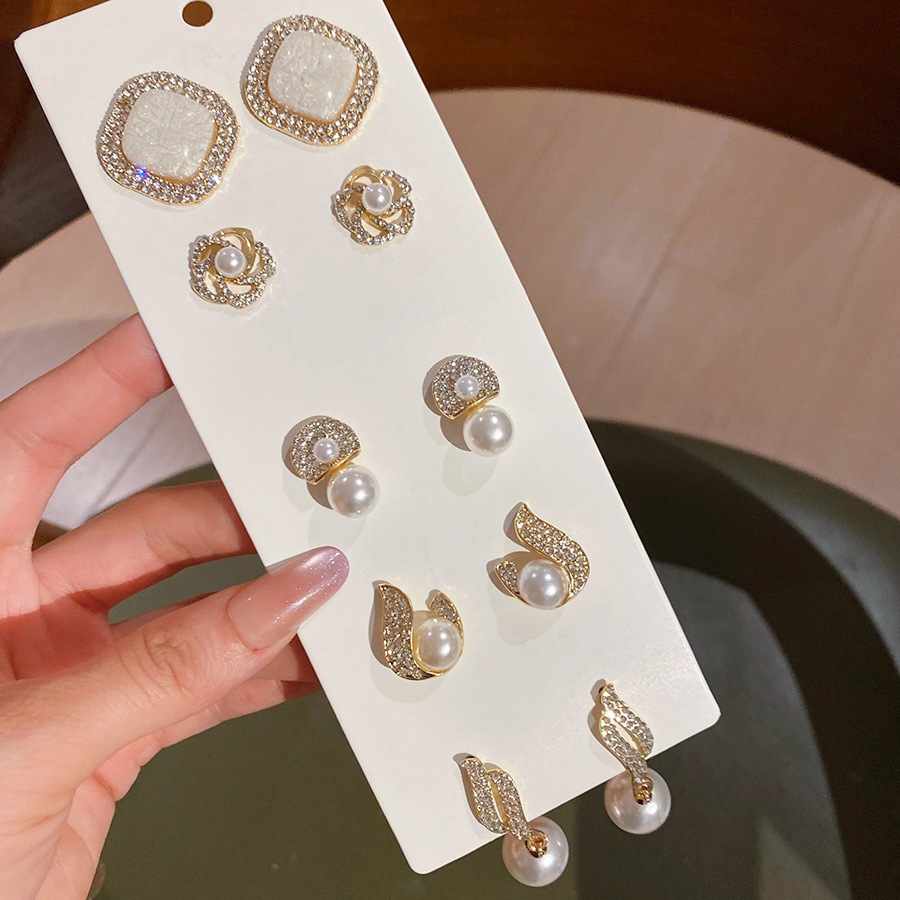 10pcs Trang sức bạc kim cương ngọc trai tròn gồm mặt dây chuyền và bông tai thiết kế sang trọng