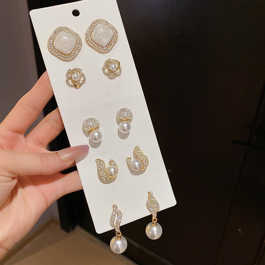 10pcs Trang sức bạc kim cương ngọc trai tròn gồm mặt dây chuyền và bông tai thiết kế sang trọng