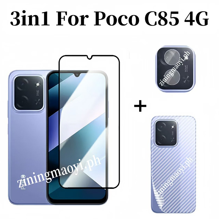 3in1 Xiaomi Poco C85 4G Phim cường lực viền đen cho Poco C75 C65 C61 C71 F7 Phim kính cường lực Bảo vệ màn hình và phim ống kính máy ảnh và phim mặt sau