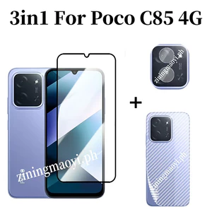 3in1 Xiaomi Poco C85 4G Phim cường lực viền đen cho Poco C75 C65 C61 C71 F7 Phim kính cường lực Bảo vệ màn hình và phim ống kính máy ảnh và phim mặt sau