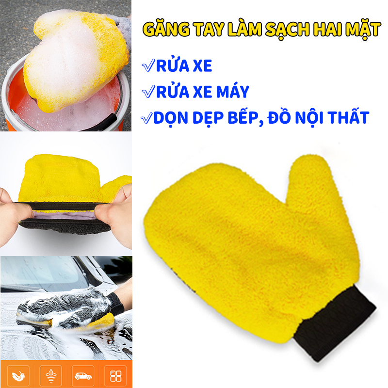 Khăn lau xe microfiber Găng tay hai mặt cao cấp không rụng lông, khăn lao ô tô Găng tay, xe hơi, xe máy chuyên dụng siêu thấm cao cấp