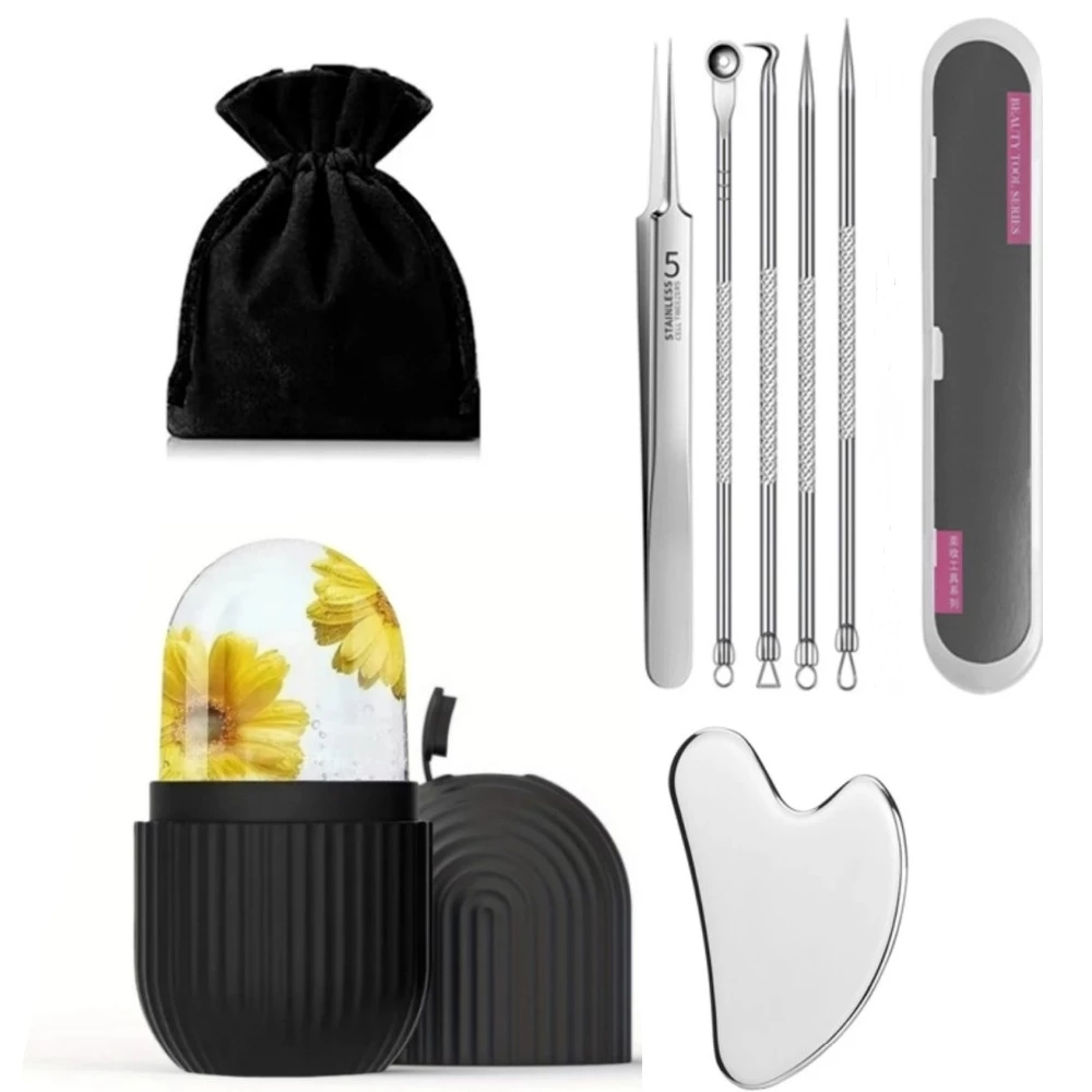 Con lăn mặt đá silicon & Bảng Gua Sha bằng thép không gỉ & Số cực mịn Bộ 5 Nhíp Mụn Đầu Đen Di Động Cho Nâng Cơ Mặt & Làm Sạch Làm Đẹp Dụng Cụ Chăm Sóc Da