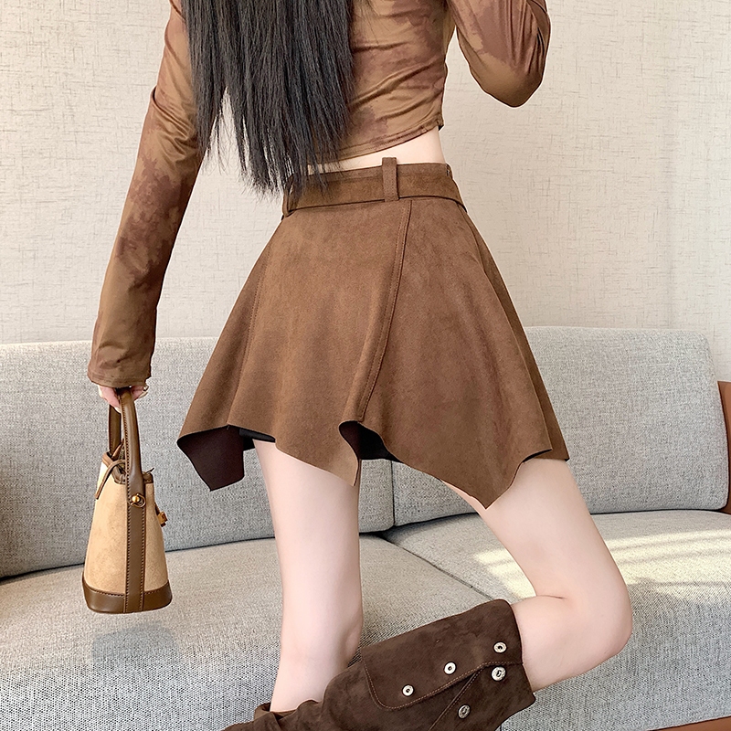 SUXI Váy nhung nữ mới mùa thu có thắt lưng đơn giản Váy chữ A eo cao không đều 250829