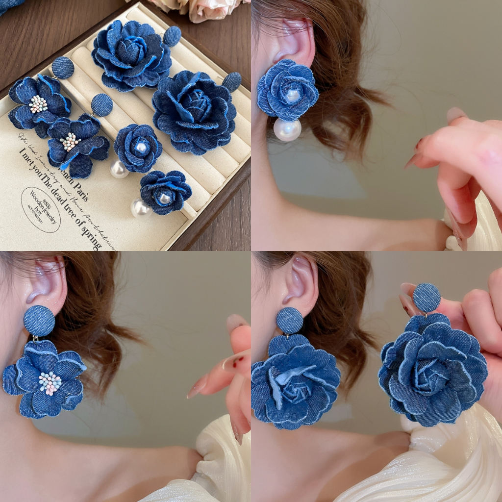 Bông tai thời trang retro từ denim và ngọc trai, phù hợp cho nữ