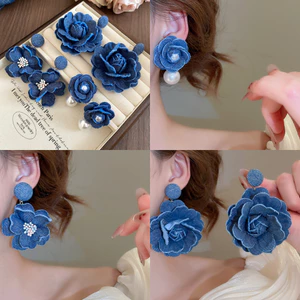 Bông tai thời trang retro từ denim và ngọc trai, phù hợp cho nữ