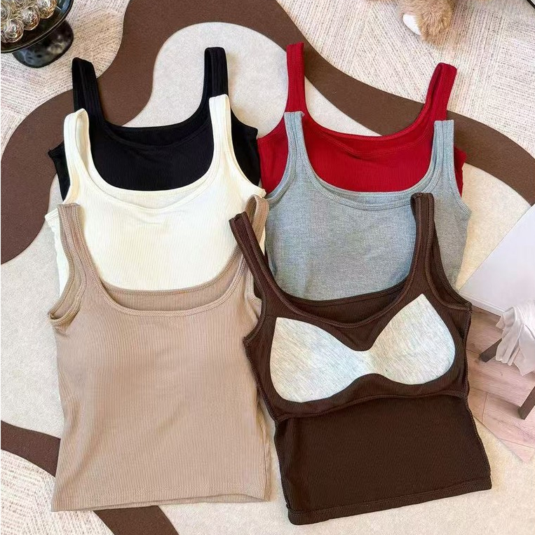 SUXI Áo ba lỗ cổ vuông màu trơn đơn giản mùa thu mới dành cho nữ 250905