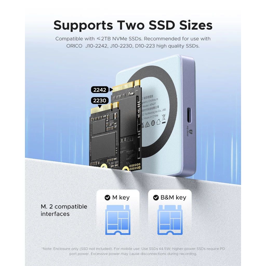 ORICO M.2 SSD Vỏ từ tính 2230 / 2242 NVMe Enclosure PD 100W Bộ chuyển đổi bên ngoài TF / SD 3.0 Vỏ h