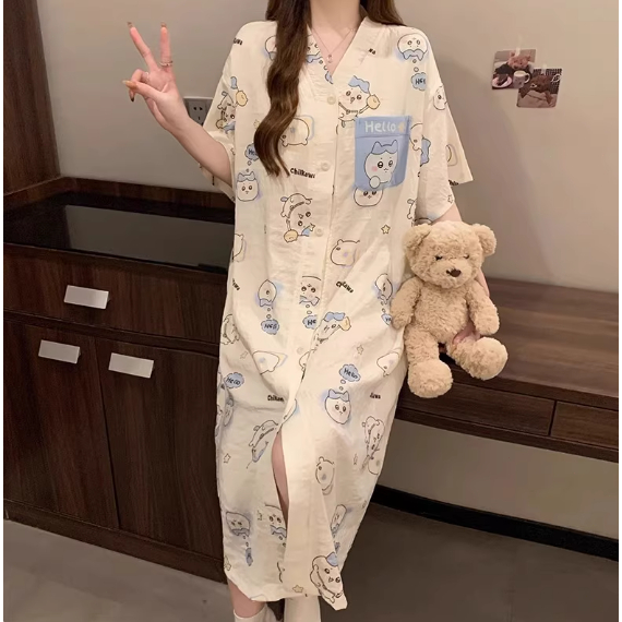 Váy ngủ dáng dài cổ chữ V form rộng, chất liệu bông mây cao cấp có hàng khuy - Phong cách tối giản sang trọng