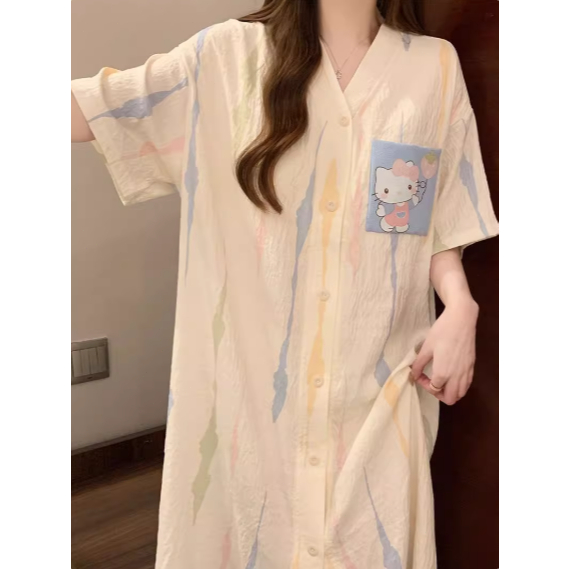 Váy ngủ dáng dài cổ chữ V form rộng, chất liệu bông mây cao cấp có hàng khuy - Phong cách tối giản sang trọng