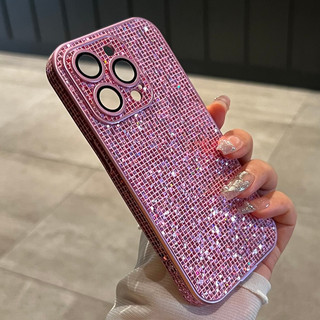 Phim Bảo Vệ Ống Kính Lấp Lánh Kim Cương Sequin Ốp Lưng Điện Thoại iPhone 16Promax 16Pro 12 13 14 15 Pro Max 11 Chống Sốc Acrylic Nữ Điện Thoại Di Động