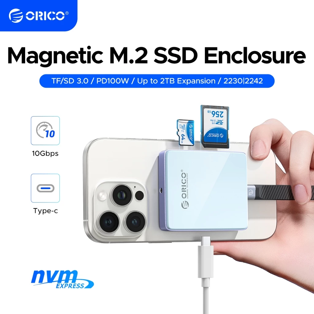 ORICO M.2 SSD Vỏ từ tính 2230 / 2242 NVMe Enclosure PD 100W Bộ chuyển đổi bên ngoài TF / SD 3.0 Vỏ h