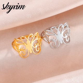 SKYRIM Nhẫn Nữ Bướm Họa Tiết Rỗng Titan Thép Không Gỉ Trang Sức Thời Trang