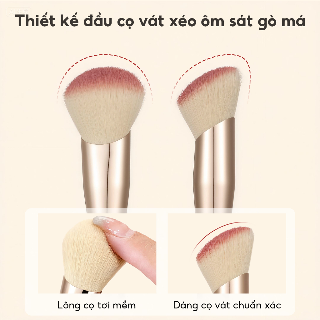 FelinWel - Cọ Tán Má Hồng Đầu Vát Xéo Đa Năng, Lông Cao Cấp Dày Mềm Không Rụng, Thuần Chay, Nhẹ Nhàng Với Da