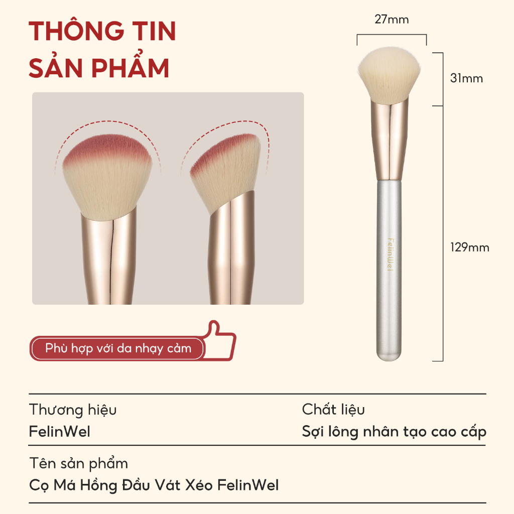 FelinWel - Cọ Tán Má Hồng Đầu Vát Xéo Đa Năng, Lông Cao Cấp Dày Mềm Không Rụng, Thuần Chay, Nhẹ Nhàng Với Da