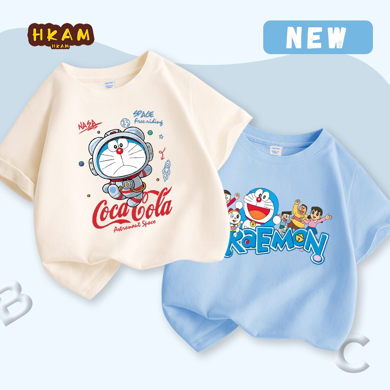 HKAM Áo thun bé trai Cotton giản dị Áo thun ngắn tay mềm mại thoải mái thoáng khí, in hình Doremon