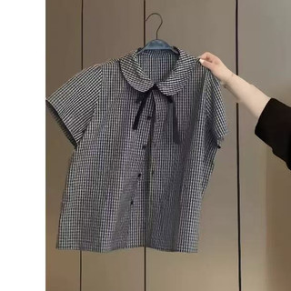 Áo sơ mi nữ tay ngắn kẻ sọc dáng rộng phong cách Hàn Quốc