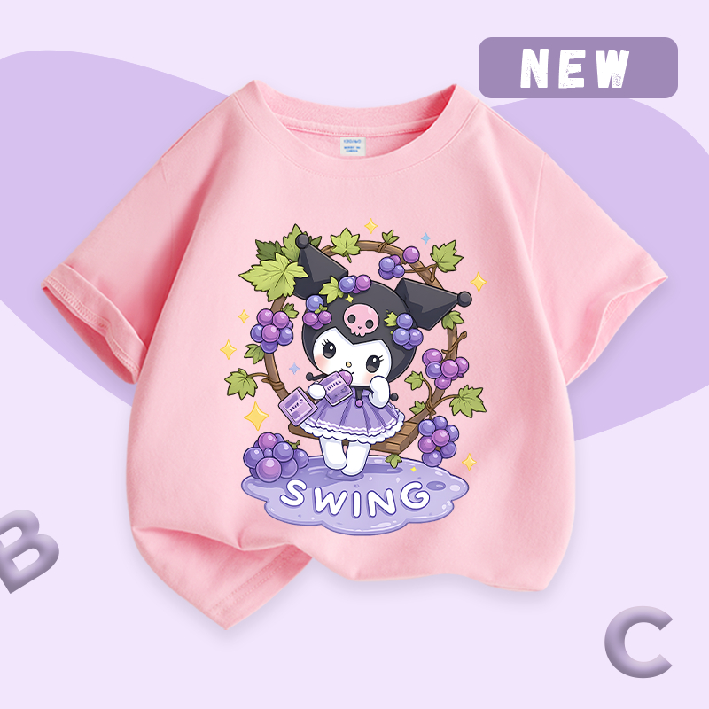 Áo thun bé gái, vải Cotton nguyên chất có họa tiết in họa tiết Kuromi dễ thương Thích hợp cho bé mặc thể thao ngoài trời