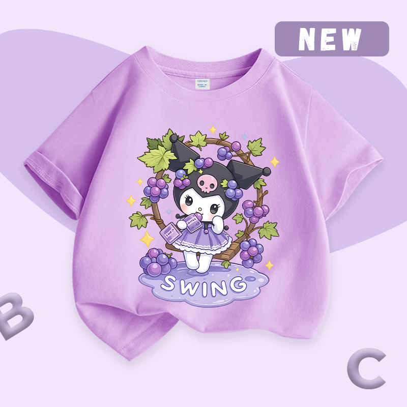 Áo thun bé gái, vải Cotton nguyên chất có họa tiết in họa tiết Kuromi dễ thương Thích hợp cho bé mặc thể thao ngoài trời