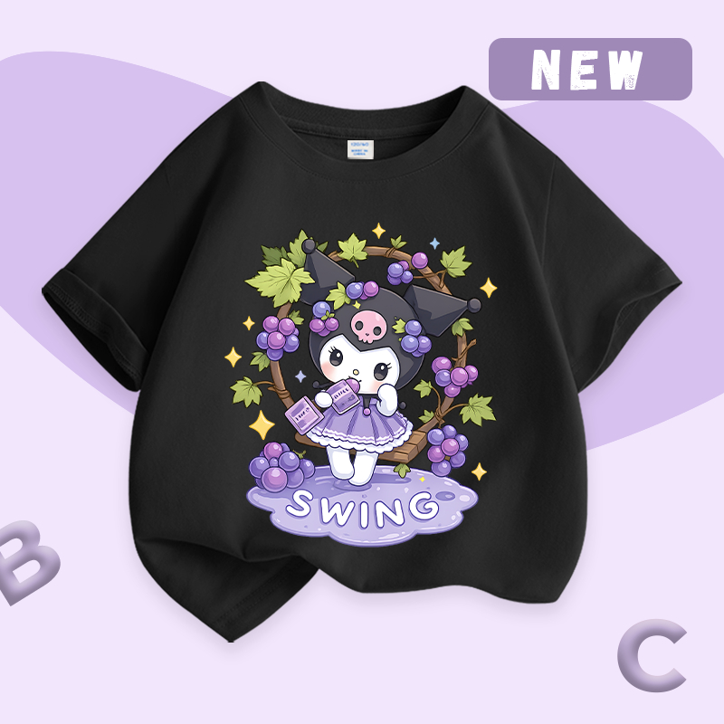 Áo thun bé gái, vải Cotton nguyên chất có họa tiết in họa tiết Kuromi dễ thương Thích hợp cho bé mặc thể thao ngoài trời