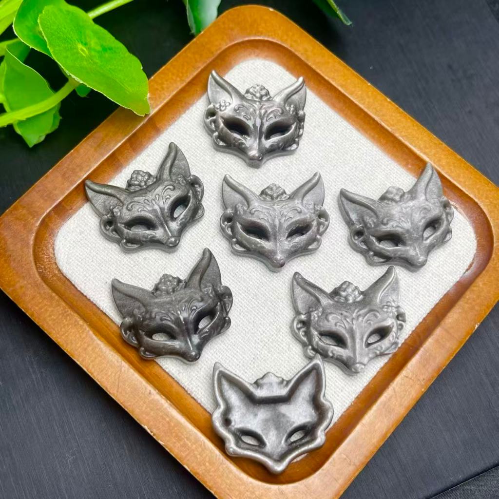 Mặt nạ cáo obsidian bạc tự nhiên - Làm vòng tay hoặc mặt dây chuyền