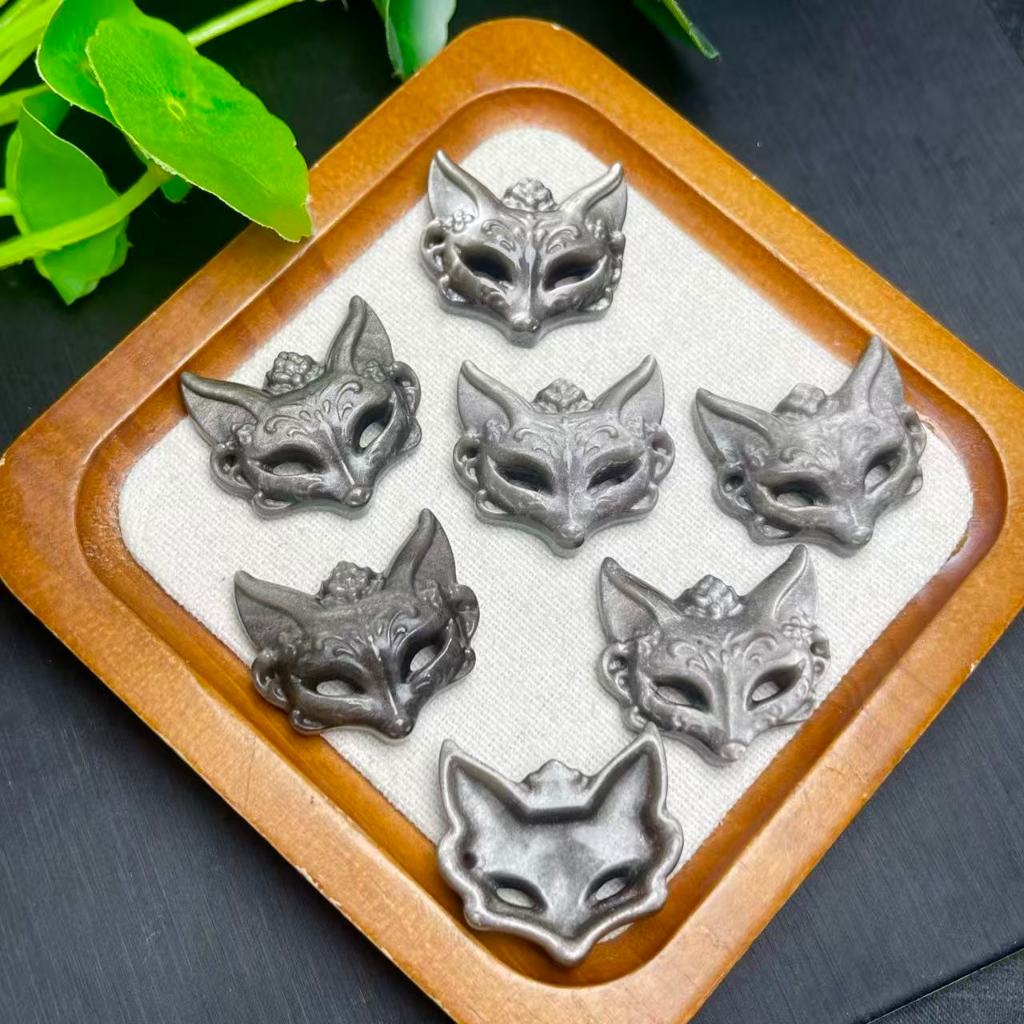 Mặt nạ cáo obsidian bạc tự nhiên - Làm vòng tay hoặc mặt dây chuyền