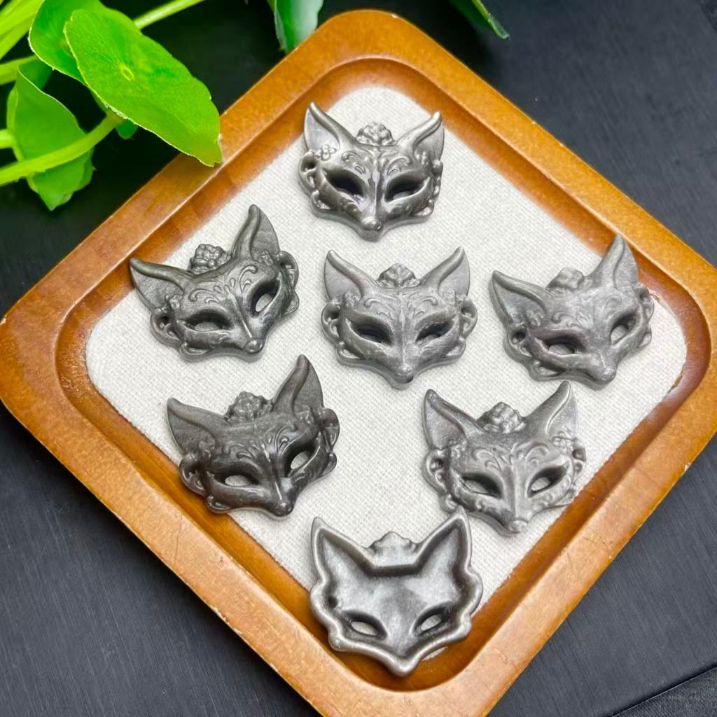 Mặt nạ cáo obsidian bạc tự nhiên - Làm vòng tay hoặc mặt dây chuyền
