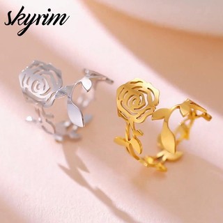 Nhẫn mở hoa hồng thép không gỉ dành cho nữ, quà tặng trang sức sang trọng