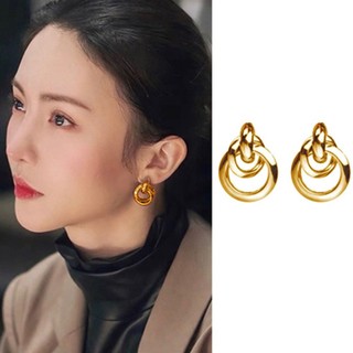 Vòng tai hình học vintage vàng kim loại, thoáng mát và sang trọng