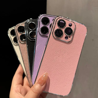 Phim bảo vệ ống kính Mạ vải thiều Họa tiết da Vỏ điện thoại cho iPhone 16Promax 16Pro 12 13 14 15 Pro Max Chống sốc Chống bụi bẩn Nam Nữ Vỏ di động