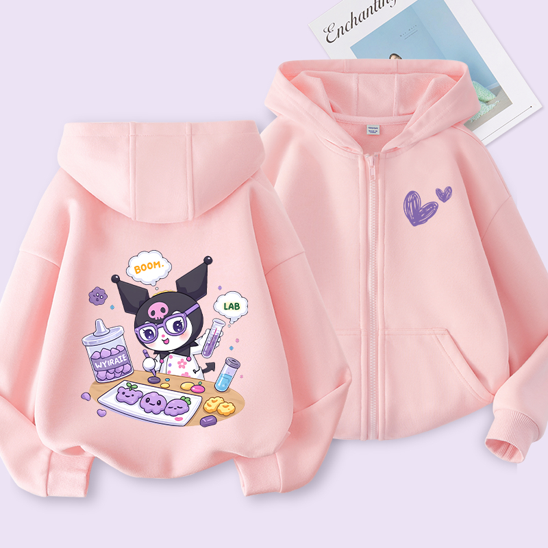 W.G.Q Áo Hoodie bé gái , Áo khoác mùa xuân thu có in họa tiết Kuromi, thoải mái thông thường Thích hợp cho trang phục thể thao ngoài trời