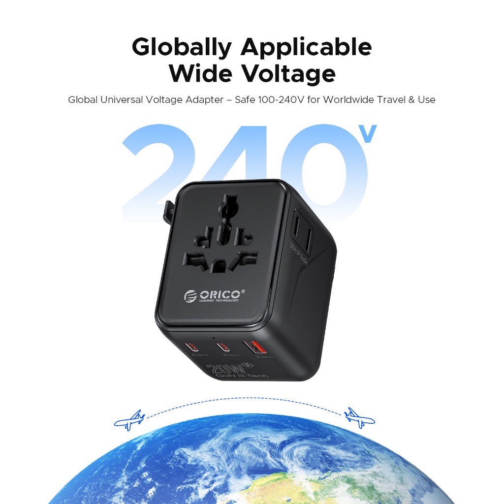 ORICO Bộ chuyển đổi du lịch đa năng AC Outlet Dải nguồn du lịch cho EU UK US AU USB-A Port Type-C 20W Ổ cắm sạc nhanh (UA-AC)