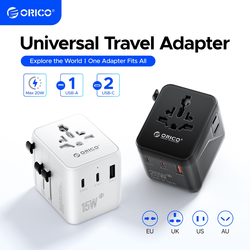 ORICO Bộ chuyển đổi du lịch đa năng AC Outlet Dải nguồn du lịch cho EU UK US AU USB-A Port Type-C 20W Ổ cắm sạc nhanh (UA-AC)