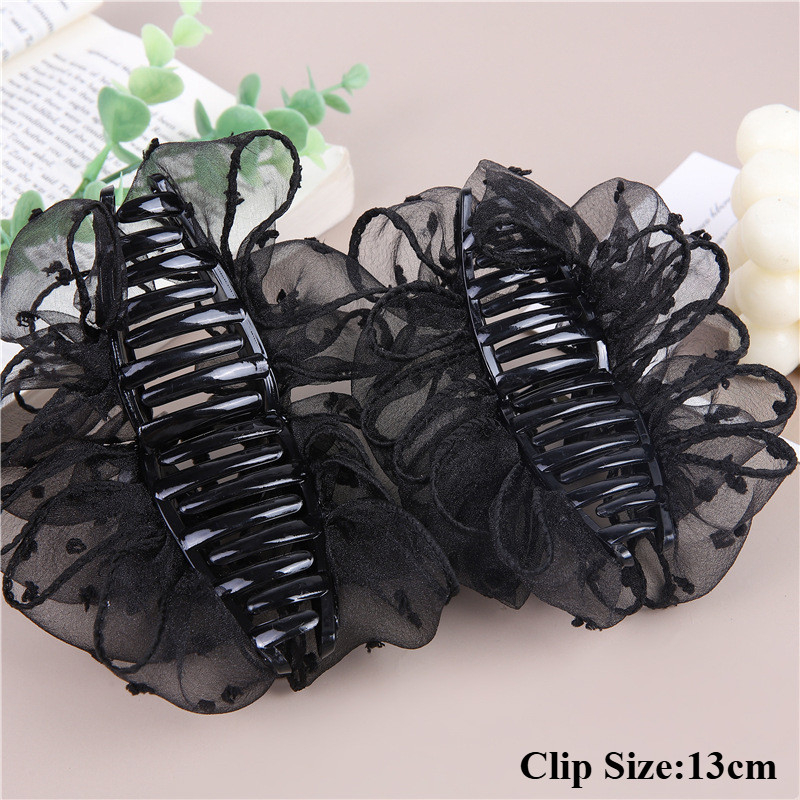 Kẹp Tóc Cá Mập Đen Chấm Bi Lưới, Nhiều Lớp Phù Hợp Cho Nữ