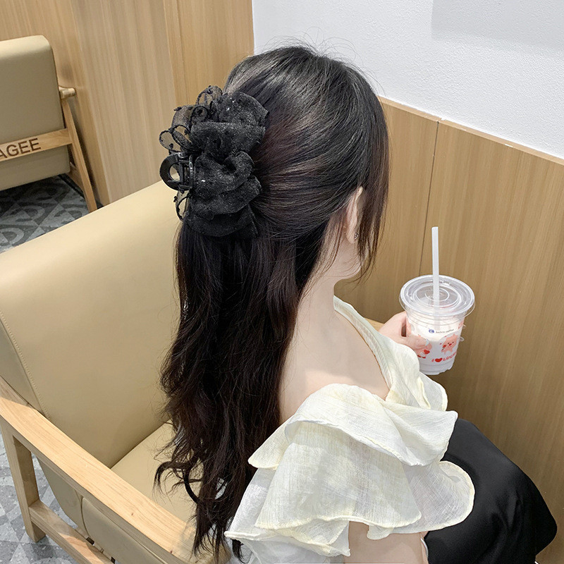 Kẹp Tóc Cá Mập Đen Chấm Bi Lưới, Nhiều Lớp Phù Hợp Cho Nữ