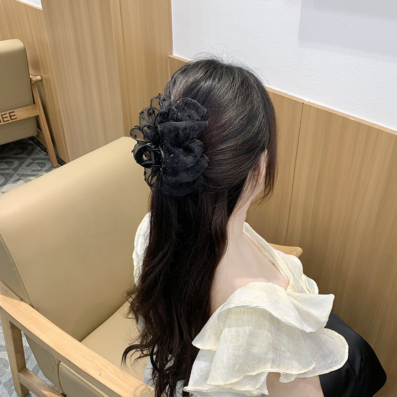 Kẹp Tóc Cá Mập Đen Chấm Bi Lưới, Nhiều Lớp Phù Hợp Cho Nữ