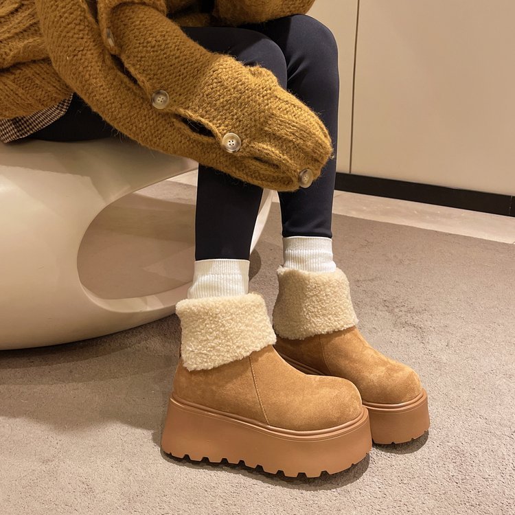 Giày Bốt Tuyết Nữ Mùa Đông Lông Cừu-Fleece Ấm Áp Đế Dày Giữa Ống Giày Bốt Phong Cách Anh Nhỏ Nâng Cao Martin Giày Bốt Ngắn Nữ