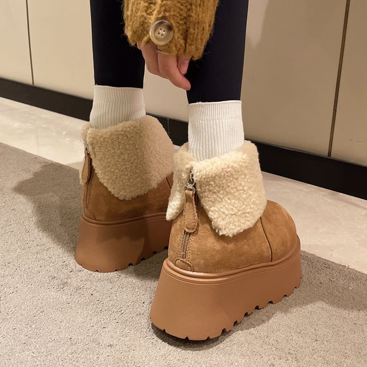 Giày Bốt Tuyết Nữ Mùa Đông Lông Cừu-Fleece Ấm Áp Đế Dày Giữa Ống Giày Bốt Phong Cách Anh Nhỏ Nâng Cao Martin Giày Bốt Ngắn Nữ
