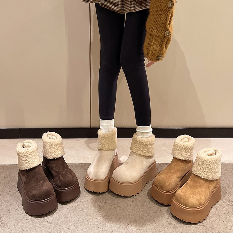 Giày Bốt Tuyết Nữ Mùa Đông Lông Cừu-Fleece Ấm Áp Đế Dày Giữa Ống Giày Bốt Phong Cách Anh Nhỏ Nâng Cao Martin Giày Bốt Ngắn Nữ