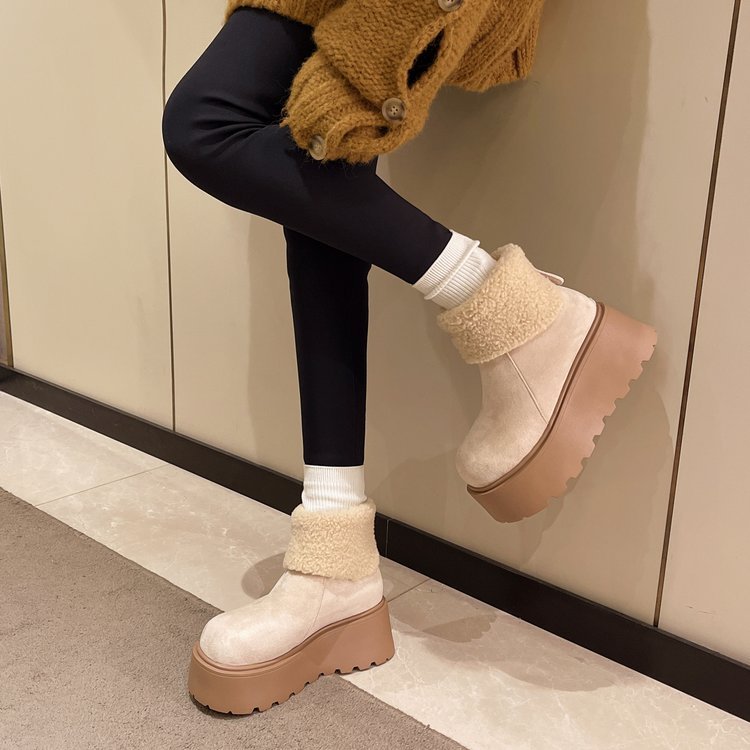 Giày Bốt Tuyết Nữ Mùa Đông Lông Cừu-Fleece Ấm Áp Đế Dày Giữa Ống Giày Bốt Phong Cách Anh Nhỏ Nâng Cao Martin Giày Bốt Ngắn Nữ