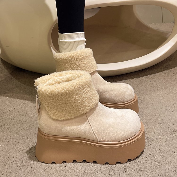 Giày Bốt Tuyết Nữ Mùa Đông Lông Cừu-Fleece Ấm Áp Đế Dày Giữa Ống Giày Bốt Phong Cách Anh Nhỏ Nâng Cao Martin Giày Bốt Ngắn Nữ