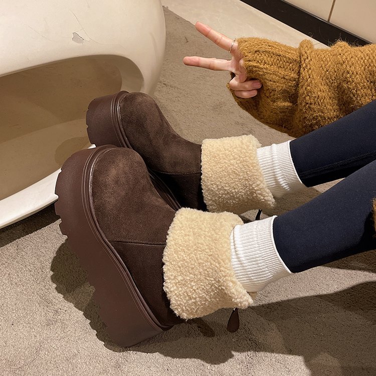 Giày Bốt Tuyết Nữ Mùa Đông Lông Cừu-Fleece Ấm Áp Đế Dày Giữa Ống Giày Bốt Phong Cách Anh Nhỏ Nâng Cao Martin Giày Bốt Ngắn Nữ