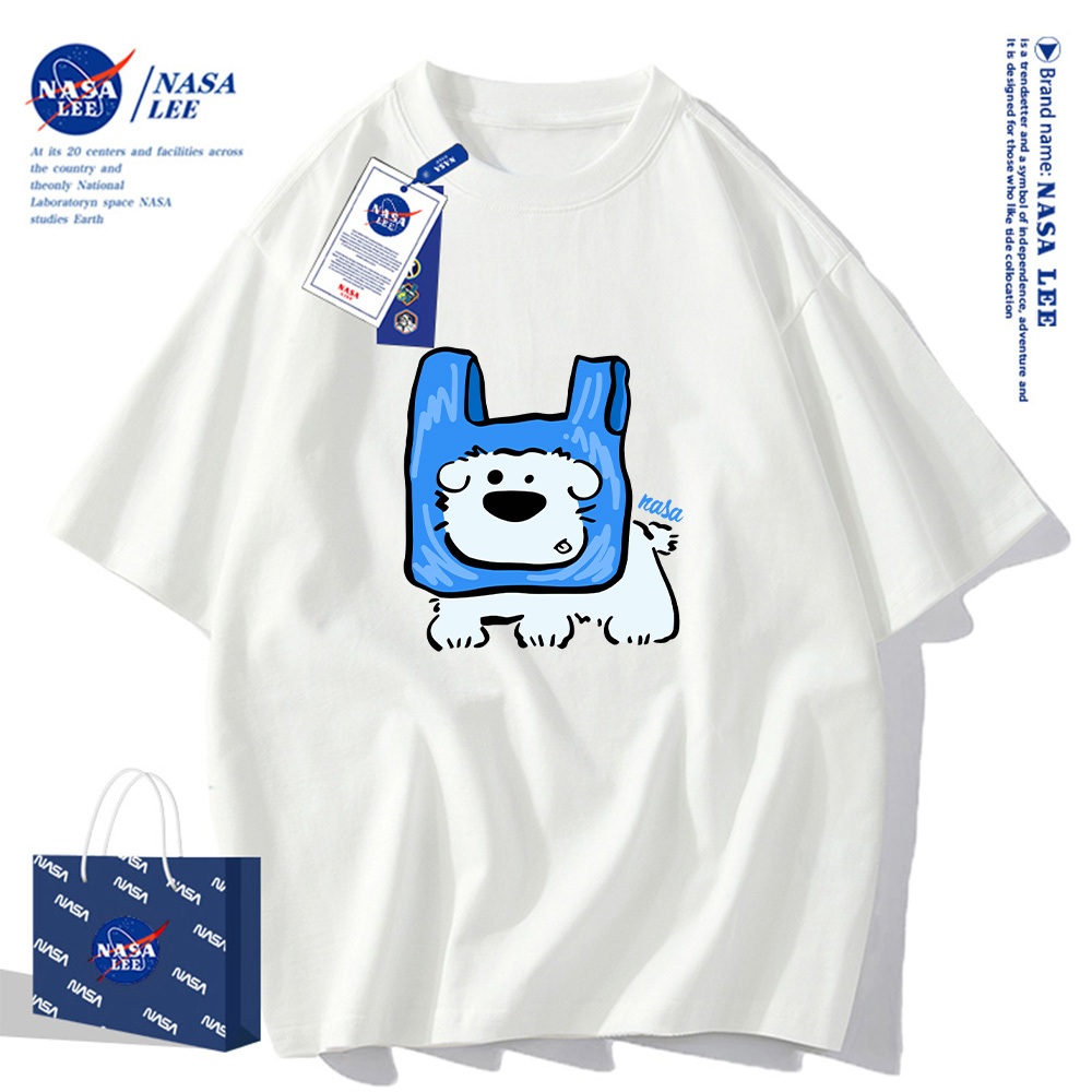 Áo thun ngắn tay cotton NASA phiên bản hợp tác  Mẫu in hình chó con túi áo unisex hè 2025