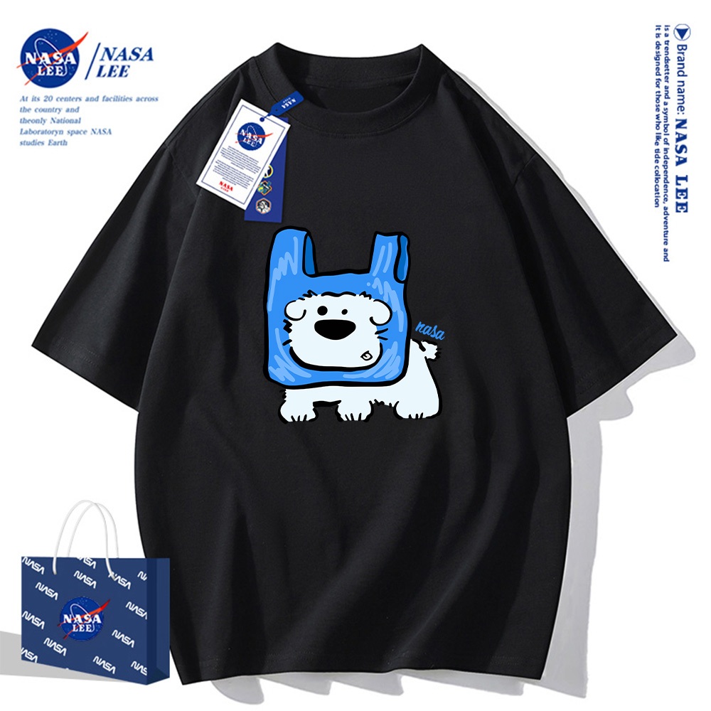 Áo thun ngắn tay cotton NASA phiên bản hợp tác  Mẫu in hình chó con túi áo unisex hè 2025