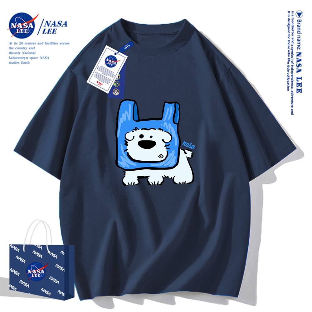 Áo thun ngắn tay cotton NASA phiên bản hợp tác  Mẫu in hình chó con túi áo unisex hè 2025